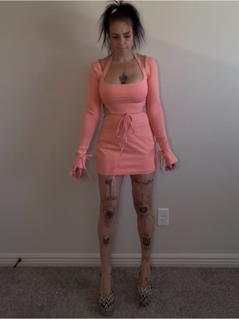 Fashion Nova Coral Long Sleeve Wrap Mini Dress